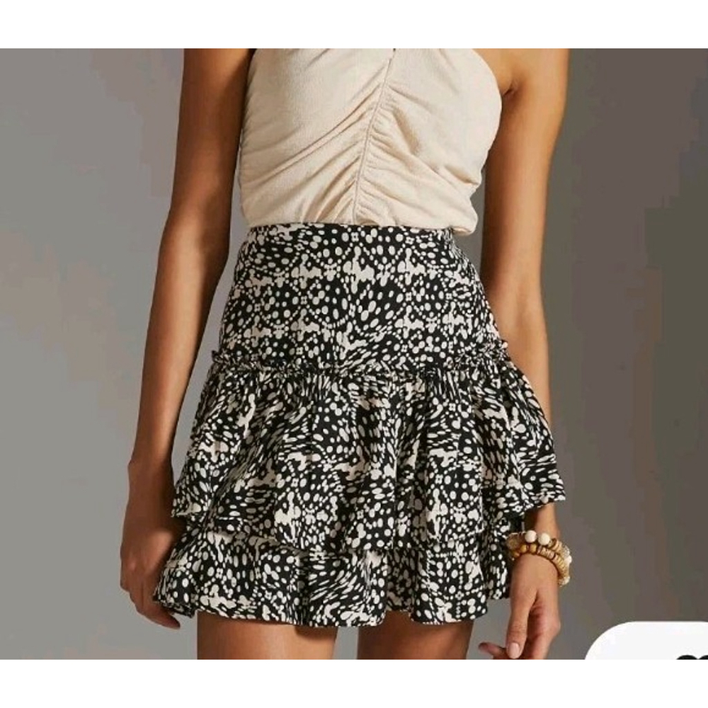 Anthropologie Maeve Tiered Linen Blend Mini Skirt Womens Sz 2 Black Ruffle Zip